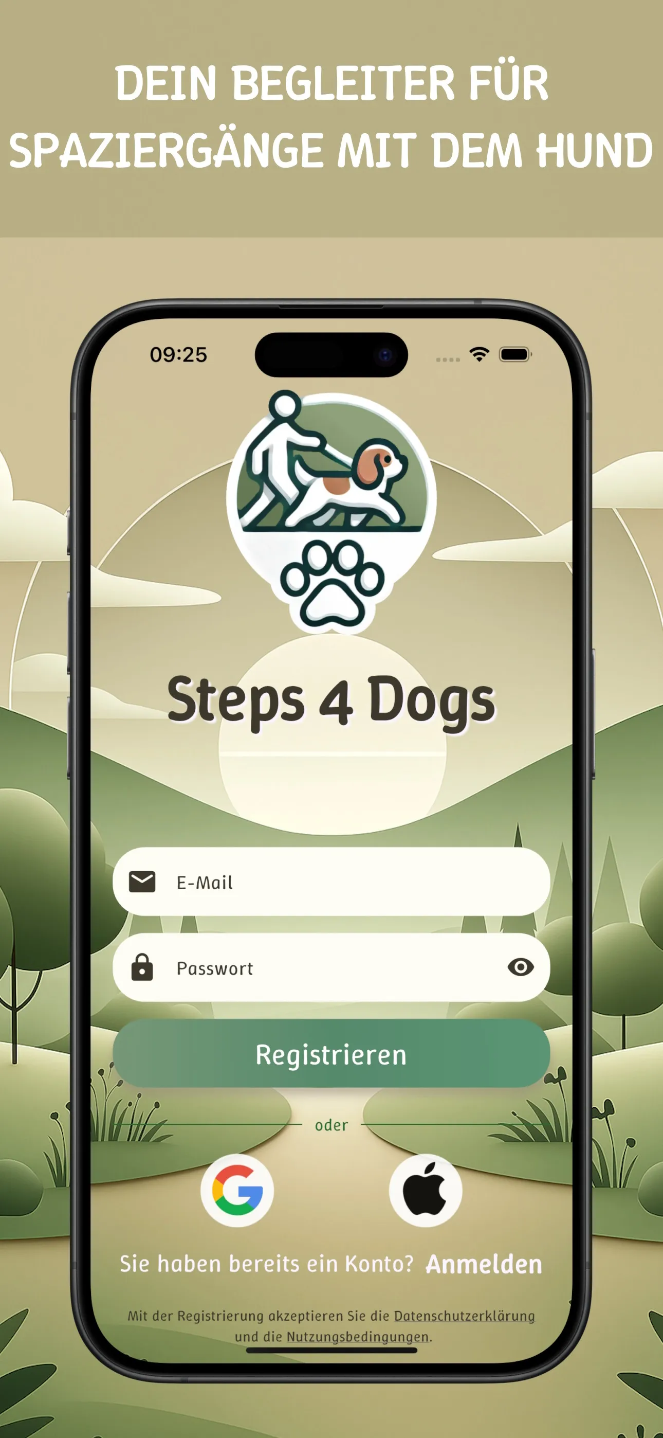 Steps4Dogs App - Funktionsansicht, Screen 1
