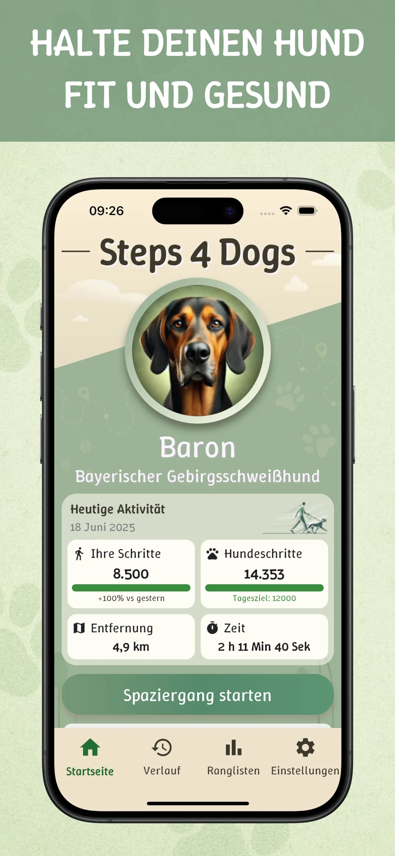 Steps4Dogs App - Funktionsansicht, Screen 3